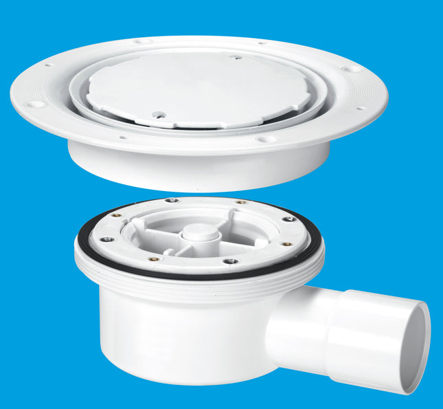 McAlpine VSG52WH Two-Piece Valve Shower Gully, White Plastic Clamp Ring and Cover Plate, 1½" Horizontal Outlet