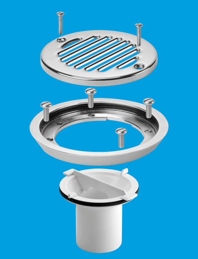 McAlpine FGTR118TOP-50 Conversion Kit to convert any TSG50 or TSG52 Gully to a sheet flooring gully with CP Brass Clamp Ring, Stainless Steel Grated Cover Plate and Dip Tube