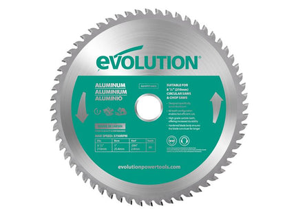 Evolution Aluminium Cutting Circular Saw Blade 210 x 25.4mm x 60T