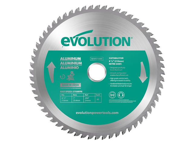 Evolution Aluminium Cutting Mitre Saw Blade 210 x 25.4mm x 60T