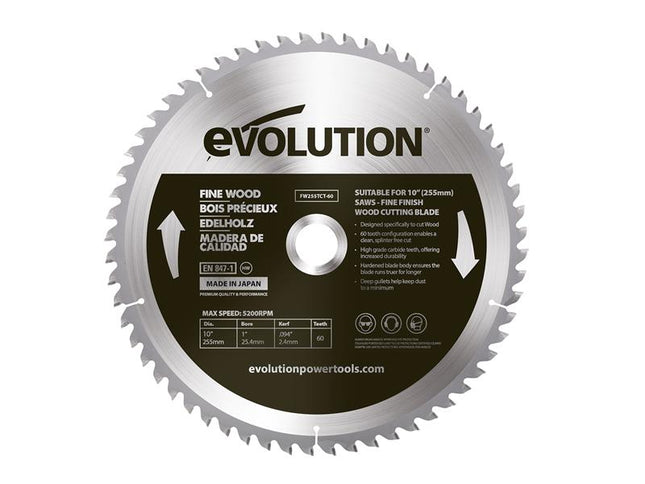 Evolution Fine Wood Mitre/Table Saw Blade 255 x 25.4mm x 60T