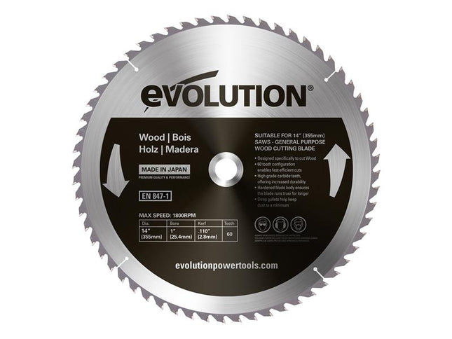 Evolution Wood Cutting Circular Saw Blade 355 x 2.8 x 25.4mm x 60T