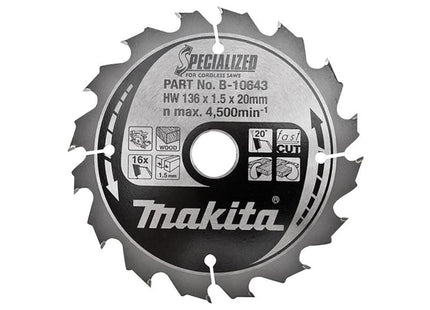 Makita B-10643 Specialized Wood Blade for Cordless Saws 136 x 20mm x 16T
