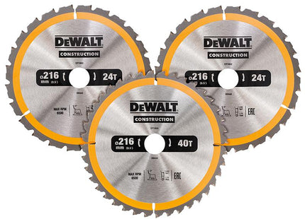DEWALT Dt1962 Construction Circular Saw Blade 3 Pack 216 X 30Mm 2 X 24T 1 X 40T