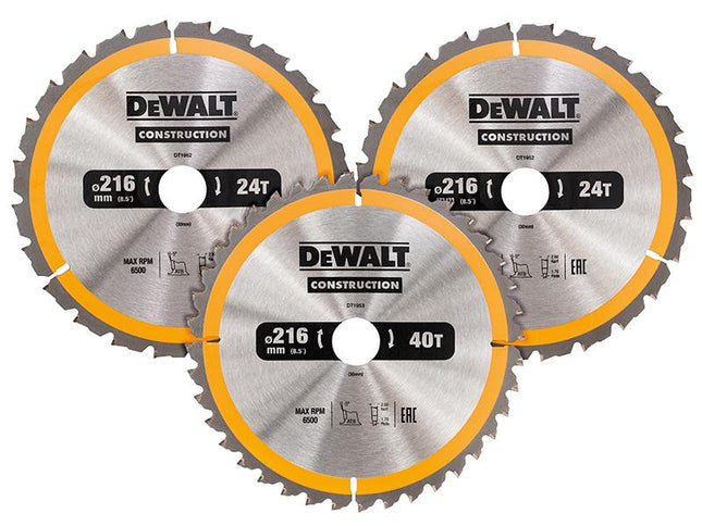 DEWALT Dt1962 Construction Circular Saw Blade 3 Pack 216 X 30Mm 2 X 24T 1 X 40T