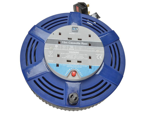 Masterplug Cassette Cable Reel 15 Metre 4 Socket Thermal Cut-Out Blue 10A 240 Volt