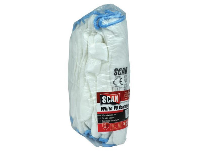 Scan White Pu Coated Gloves - Large (Size 9) (Pack 12)