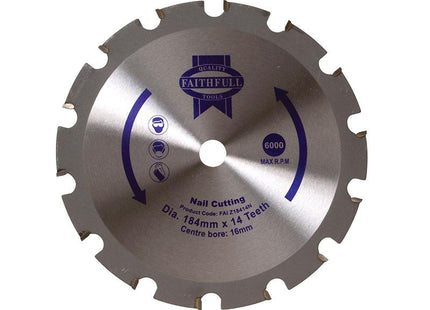 Faithfull Tct Circular Saw Blade Nail Cutting 184 X 16Mm X 14T Neg