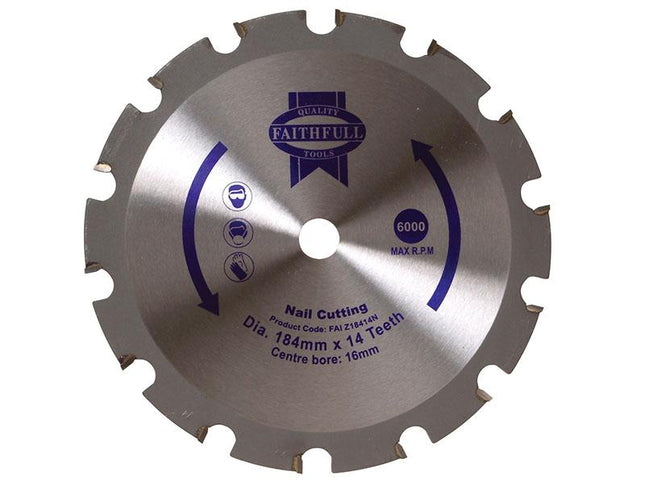 Faithfull Tct Circular Saw Blade Nail Cutting 184 X 16Mm X 14T Neg