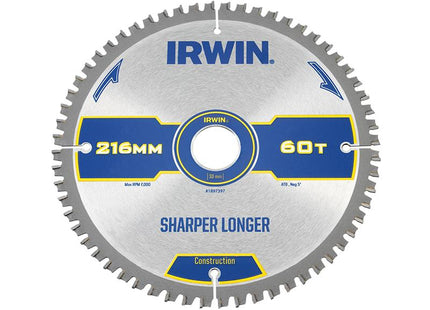 IRWIN Construction Mitre Circular Saw Blade 216 X 30Mm X 60T Atb/Neg