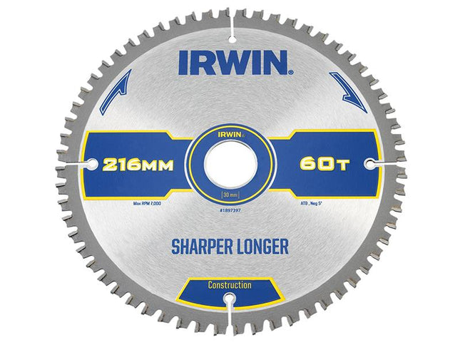 IRWIN Construction Mitre Circular Saw Blade 216 X 30Mm X 60T Atb/Neg