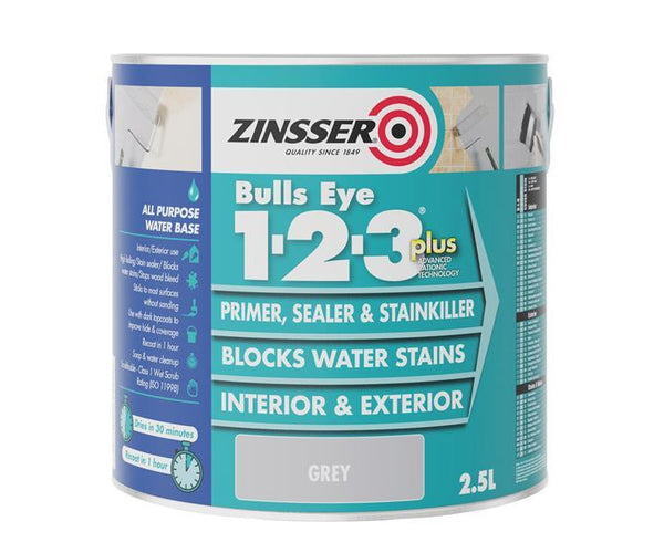 Bulls Eye 1-2-3 Plus Primer, Sealer & Stain Killer Grey 2.5 litre