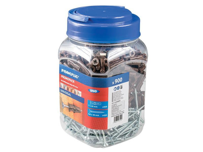 Rawlplug Brown Uno Plugs & Screws In Jar (450 Plugs + 450 Screws)