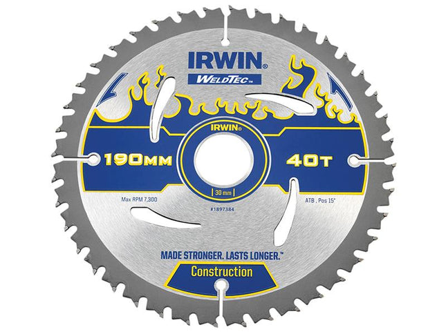 IRWIN Weldtec Circular Saw Blade 190 X 30Mm X 40T Atb