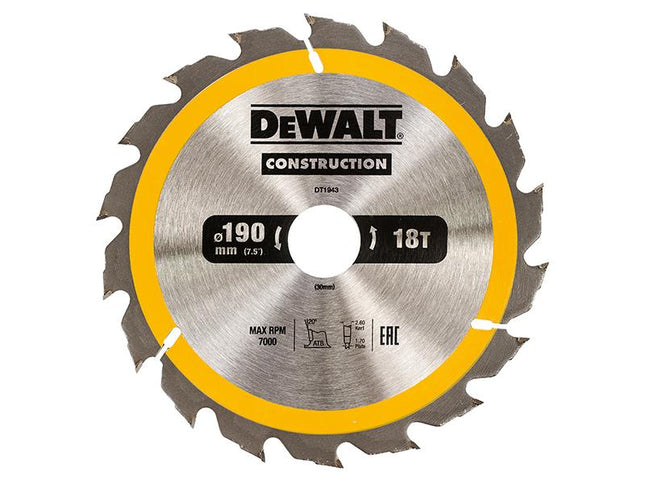 DEWALT Portable Construction Circular Saw Blade 190 X 30Mm X 18T