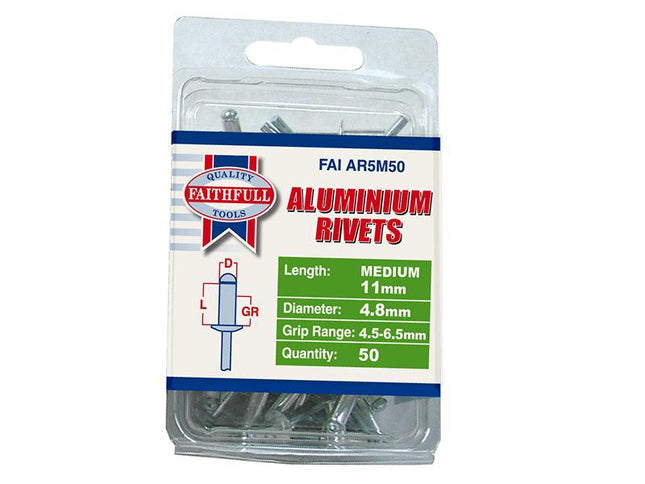 Faithfull Aluminium Rivets 4.8Mm X 11Mm Medium Pre-Pack Of 50