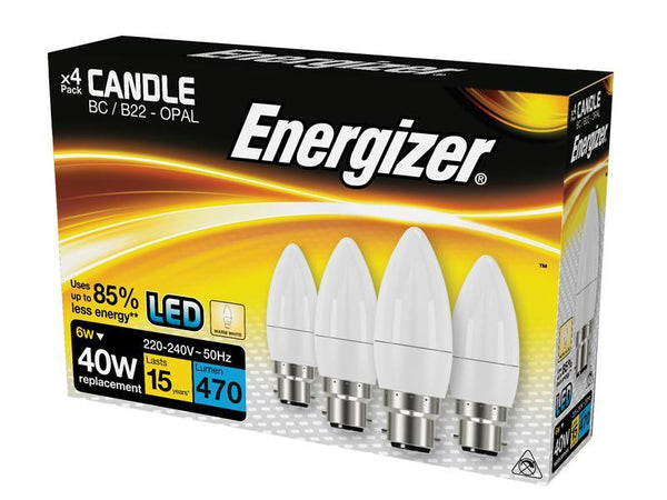 Energizer LED BC (B22) Opal Candle Non-Dimmable Bulb, Warm White 470 lm 5.9W (Pack 4)
