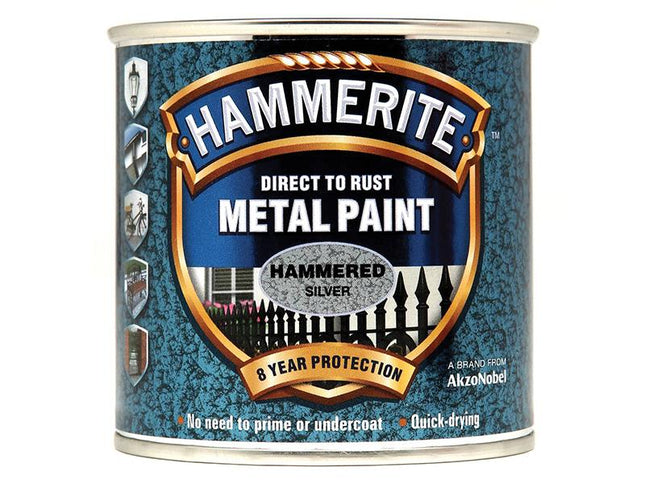 Hammerite Direct To Rust Hammered Finish Metal Paint Silver 250Ml