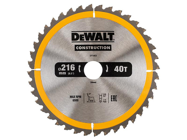 DEWALT Stationary Construction Circular Saw Blade 216 X 30Mm X 40T Atb/Neg