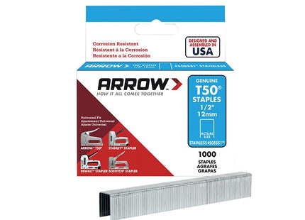 ARROW T50 Staples Stainless Steel 508Ss 12Mm (1/2In) Box 1000