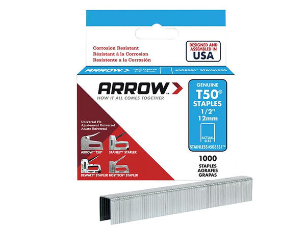 ARROW T50 Staples Stainless Steel 508Ss 12Mm (1/2In) Box 1000