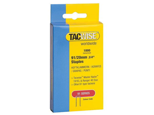 Tacwise 91 Narrow Crown Staples 20Mm - Electric Tackers Pack 1000