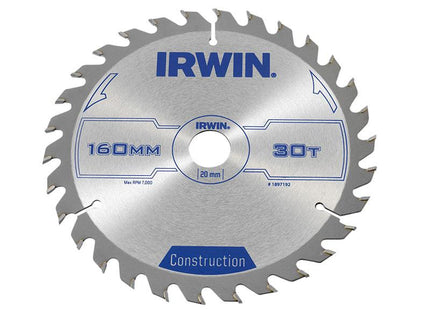 IRWIN Construction Circular Saw Blade 160 X 20Mm X 30T Atb