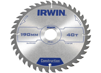 IRWIN Construction Circular Saw Blade 190 X 30Mm X 40T Atb