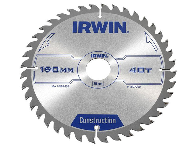 IRWIN Construction Circular Saw Blade 190 X 30Mm X 40T Atb