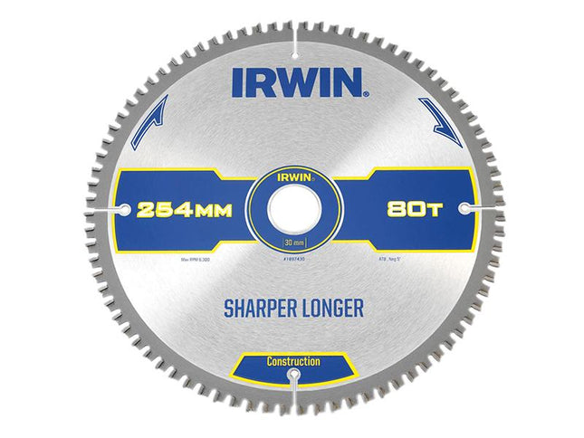 IRWIN Construction Mitre Circular Saw Blade 254 X 30Mm X 80T Atb/Neg