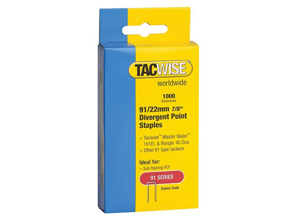 Tacwise 91 Narrow Crown Divergent Point Staples 22Mm - Electric Tackers Pack 1000