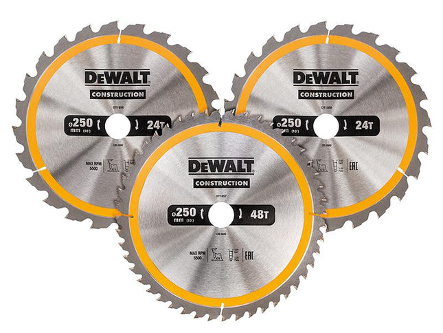 DEWALT Dt1963 Construction Circular Saw Blade 3 Pack 250 X 30Mm X 24T/48T