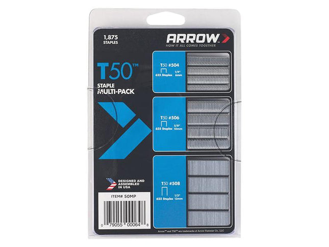 ARROW T50 Staples Multi Pack 6Mm  10Mm & 12Mm Box 1875 (3 X 625)