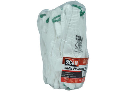 Scan White Pu Coated Gloves - Medium (Size 8) (Pack 12)