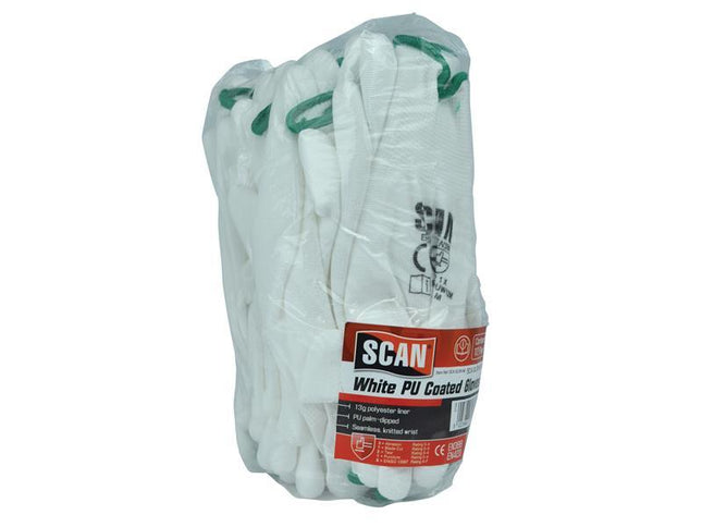 Scan White Pu Coated Gloves - Medium (Size 8) (Pack 12)