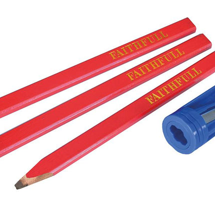 Faithfull Carpenter'S Pencils Red (Pack Of 3 + Sharpener)