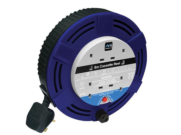 Masterplug Cassette Cable Reel 8 Metre 4 Socket Thermal Cut-Out Blue 13A 240 Volt