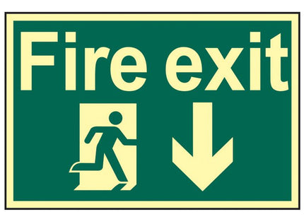 Scan Fire Exit Running Man Arrow Down - Photoluminescent 300 X 200Mm