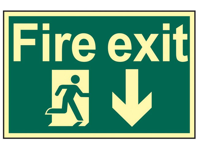 Scan Fire Exit Running Man Arrow Down - Photoluminescent 300 X 200Mm