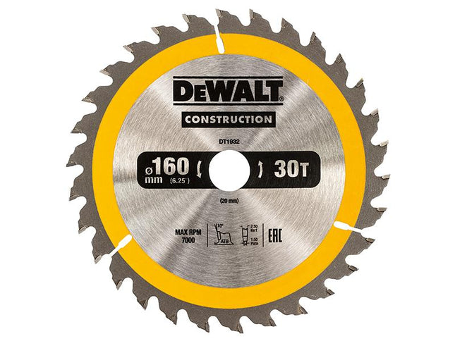 DEWALT Portable Construction Circular Saw Blade 160 X 20Mm X 30T