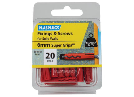 PLASPLUGS Solid Wall Super Grips Fixings Red & Screws (Pack 20)