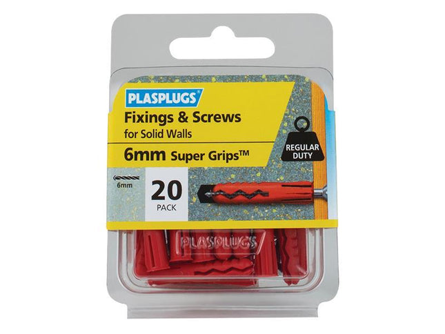 PLASPLUGS Solid Wall Super Grips Fixings Red & Screws (Pack 20)