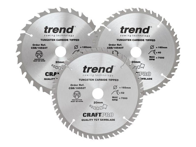 TREND CraftPro Cordless Saw Blade 165 x 20mm x 24T/40T/52T (Pack 3)