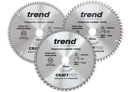 TREND CraftPro Table Saw Blade 250 x 30mm x 48T/60T/84T (Pack 3)