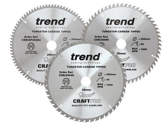 TREND CraftPro Table Saw Blade 250 x 30mm x 48T/60T/84T (Pack 3)