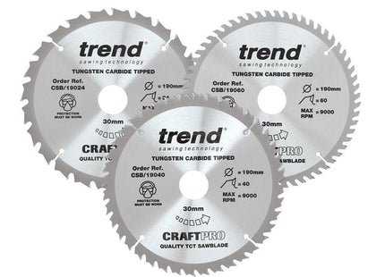TREND CraftPro Saw Blade 190 x 30mm x 24T/40T/60T (Pack 3)