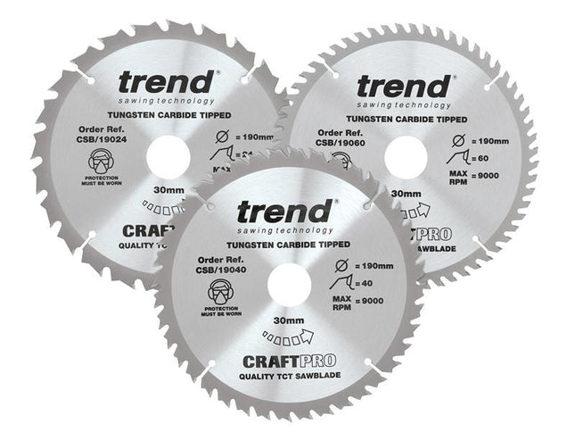 TREND CraftPro Saw Blade 190 x 30mm x 24T/40T/60T (Pack 3)