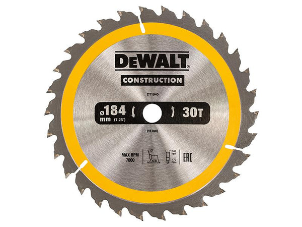 DEWALT Portable Construction Circular Saw Blade 184 X 16Mm X 30T