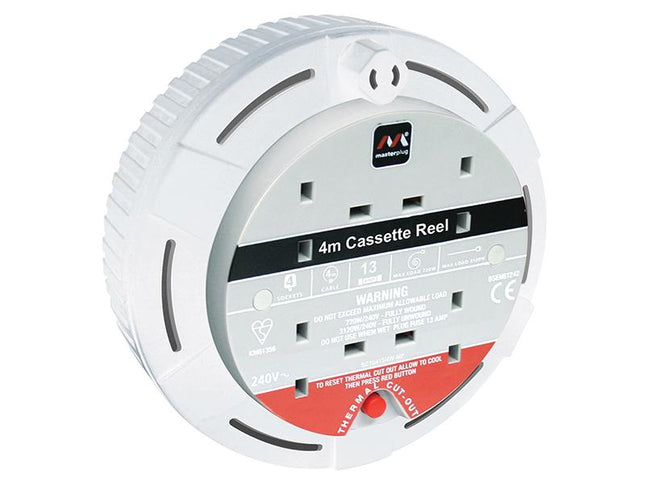 Masterplug Cassette Cable Reel 4 Metre 4 Socket Thermal Cut-Out White 13A 240 Volt