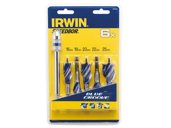 IRWIN Blue Groove 6X Stubby Wood Bit Set, 5 Piece: 16-25Mm + Extension